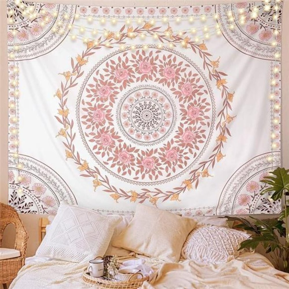 Mandala Tapestry Aesthetic,Boho Tapestry Wall Hanging,Pink Floral Medallion